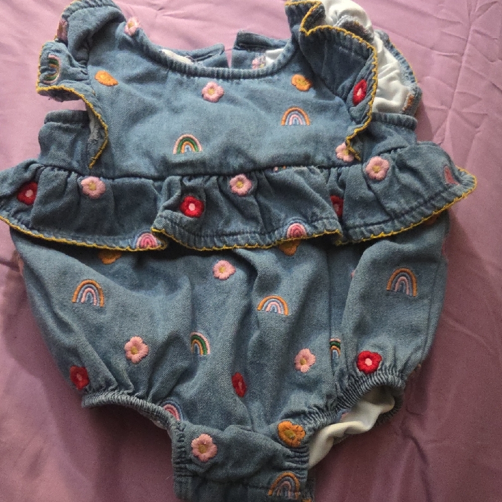 Mud Pie Denim Blue Bodysuit with Rainbow and Floral Accents